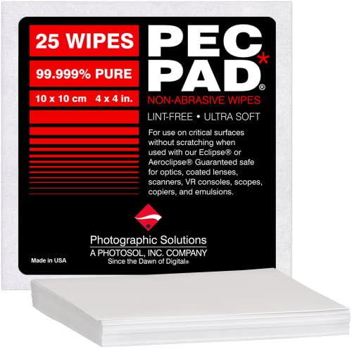 PEC-PAD Lint Free Wipes 4”x4” Non-Abrasive Ultra Soft Cloth for Cleaning Sensitive Surfaces like Camera, Lens, Filters, Film, Scanners, Telescopes, Microscopes, Binoculars. (25 Sheets Per/Pkg)