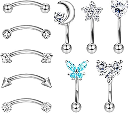 LOLIAS 10Pcs 16G Rook Daith Orecchini Per le Donne in Acciaio Inossidabile Anello Per Labbra Ombelico Cartilagine Trago CZ Body Piercing Curved Barbell Sopracciglio Anelli 6-8mm