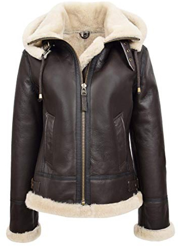 House of Leather Damen Real Schaffell B3 Mit Kapuze Jacke Flieger Pilot Stil Naomi