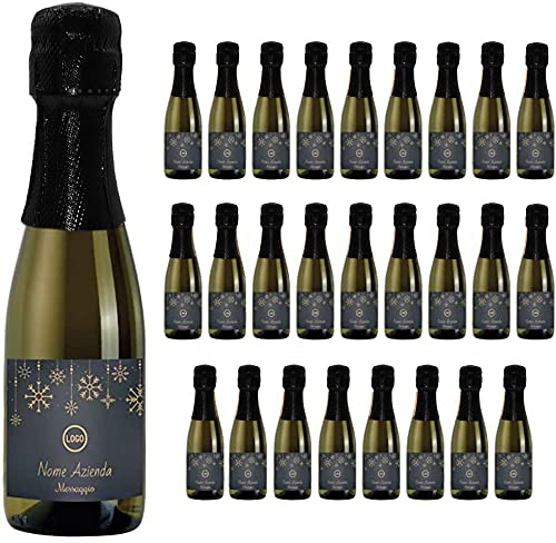 24 Bottiglie mignon di Prosecco DOC Spumante Extra Dry Personalizzato - Gadget aziendale personalizzato, Idea per regali aziendali, strenne natalizie e merchandising (Oro, Fiocchi di Natale)