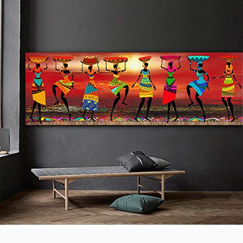 XIANGPEIFBH Etnicos Tribal Art Gemälde Afrikanische Frauen tanzen Gemälde Bild für Wohnzimmer Leinwanddruck Heimdekoration Kunstwerk 40 x 120 cm (16 x 47 Zoll) Innenrahmen