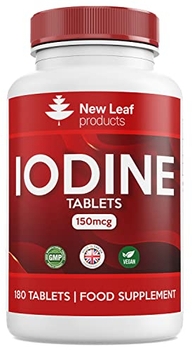 Iodine Tablets 100% RI - Vegan High Strength 180 Tablets Iodine Supplements, Natural Source of Iodine from Potassium Iodide, 6 Month Supply, GMO Free, Made in UK by New Leaf