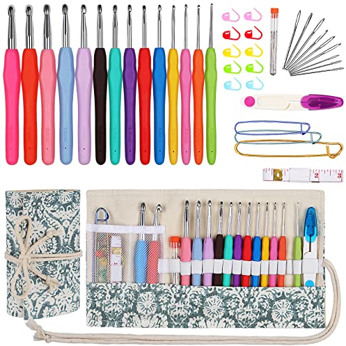 Aeelike 36 Stück Häkelnadel Set, Ergonomisch Häkelnadeln mit Häkeltasche und Zubehör, Lang Häkelset mit TPR Griff für Arthritische Hände, 2,0 mm - 10,0 mm Aluminium Häkel Set für Häkelgarn und Wolle