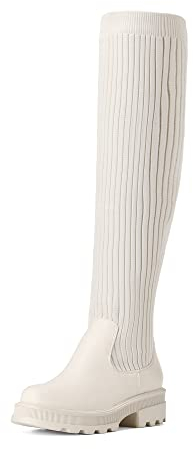 DREAM PAIRS Stivali sopra Il Ginocchio da Donna Moda Boots Stivali Alti alla Coscia Fusto Lavorato a Maglia TPR Durevole,Size 41,Beige,SDOB2201W-E