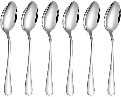 Dessert Spoon Set of 6 Stainless Steel Classic Bead Teaspoons Dessert Spoon Stainless Steel Teaspoons Mirror Finish Modern Design with Scalloped Edge Used in a Home Kitchen or Dining Room