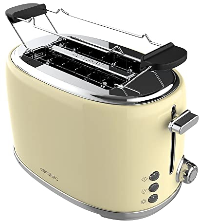 Cecotec Tostapane 2 fette Toast&Taste 1000 Retro Double Beige. 980 W, 2 fessure larghe da 3,8 cm e corte, acciaio inossidabile, aste superiori, potenza regolabile, vassoio raccogli briciole