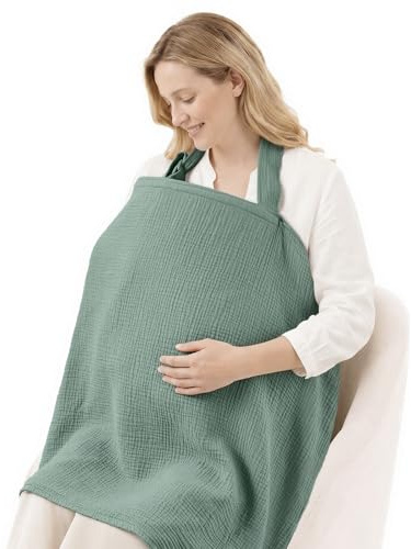 Blissful Diary Muslin Nursing Cover for Breastfeeding, Breathable Breastfeeding Cover up with Arch Neckline for Women, Nursing Apron (Roman Green)