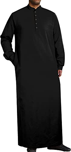 YAOHUOLE Mens Button Up Loose Long Down Kaftan Thobe Kurta for Men Casual Long Sleeve Muslim Robes with Pocket Black 2XL