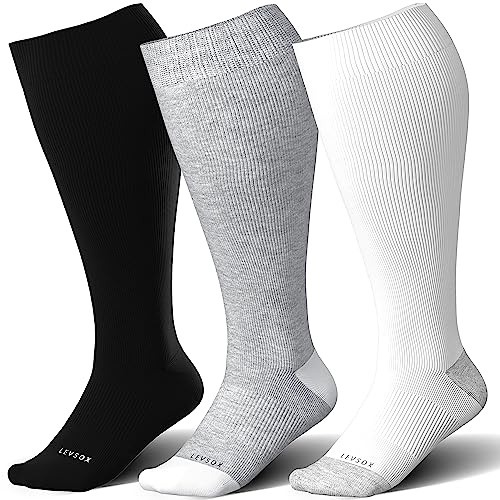 Dresmannst LEVSOX Kompressionsstrümpfe aus Bambusviskose, breite Wade, für Damen und Herren, Übergröße, 15–20 mmHg, kniehohe Unterstützung für die Durchblutung, 3 Paar, Rosa/Marineblau/Grau