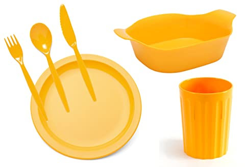 Harfield Camping Tableware Scout Picnic Outdoor Dining Set - Plate, Bowl, Cup & Cutlery - Reusable Virtually Unbreakable Polycarbonate Plastic (Yellow)