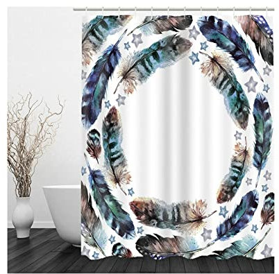 Whoiy Badewannenvorhang Blau, Duschvorhang Eckbadewanne 165X200cm Polyester Badegardinen Runde Feder Waschbar Wasserdicht