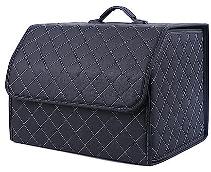 ESUKAR Auto Leder Kofferraum Organizer für Mercedes Benz 300e 300de 400d AMG GLC 43 63 63S, Faltbare Aufbewahrungsbox Taschen Kofferraumtasche Wasserdicht Innenraum Zubehör,Black_Beige-M