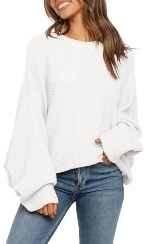 Fessceruna Jersey de Mujer Oversize Manga murciélago Jersey de Punto Jersey de Cuello Redondo para Invierno Sudadera Acanalada, Bianco, L