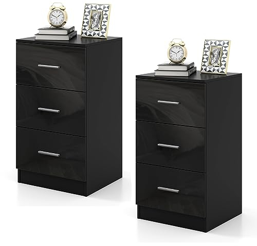 COSTWAY 2er Set Nachttisch mit 3 Schubladen, Hochglanz Nachtschrank, Nachtkommode für Boxspringbett, 37 x 34 x 66,5 cm, Schwarz