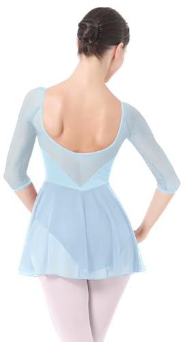 IBAKOM Ballet Leotards Dress for Women 3/4 Mesh Sleeve V Neck Scoop Back Gymnastics Leotard Plus Size Ballerina Outfits Adult Dance Leotard Competitive Camisole Bodysuit Dance Skirt Light Blue L