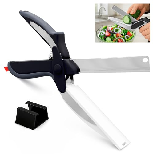 2 in 1 Kitchen Scissors for Food - Stainless Steel Cutting Board Scissors with Safety Lock | 9.6 Tomato Knife, Fruit & Vegetable Cutter - Easy-to-Use Kitchen Shears for Meat, Cheese and More