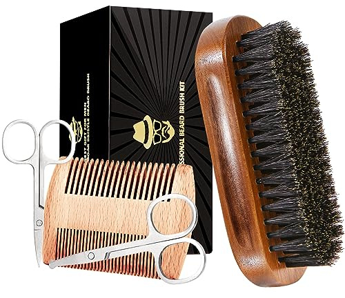 Beard Brush for Men, Boar Bristle Black Walnut Wood Beards and Mustaches Grooming Set Including Pure Boar Bristle Beard Brush, Beard Comb, Mustache Scissors, and Travel Bag