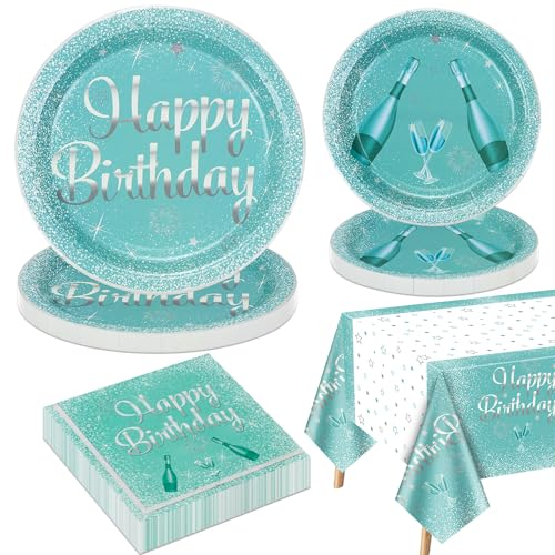 Decorazioni per feste blu e argento per 20 ospiti, includono piatti di carta di buon compleanno, tovaglioli, tovaglia di compleanno verde acqua per le ragazze, festa di compleanno argento verde acqua