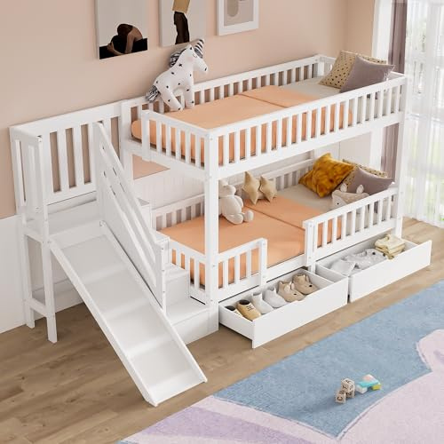 KecDuey 90 x 200cm Kinder-Etagenbett, Kinderbett,Doppelbett, multifunktionales Kinderbett,mit Rutsche und Treppen, mit 2 Schubladen,mit magnetischer Tür,ohne Matratze, massivholz, weiß