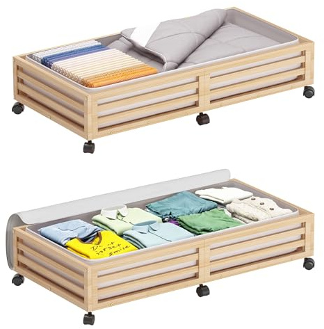Wisuce Bamboo Under Bed Storage Containers- Underbed Organizer with Wheels with Dust Bag,Sturdy Wood Rolling Under the Bed Shoe Storage Organizer Drawers (Nature, 2 Pack (33.07×16.54))