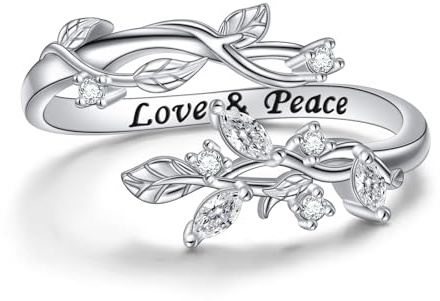 DAOSHANG 925 Sterling Silver Cubic Zircon Olive Branch Peace Adjustable Plant Rings elegant leaf open ring Crossover Carved Love & Peace Birthday Festivals Thanksgiving Day Present For Women