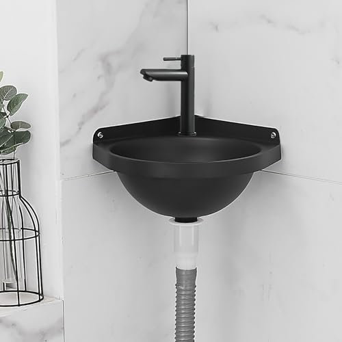 Schwarzes an Der Wand Befestigtes Eckwaschbecken,Dreieckiges Eckwaschbecken,Kleine Eckspüle für die Küche,mit Wasserhahn und Ablaufgarnitur,für Wäsche,Hinterhof,Garage,Restaurant.(21.6x21.5x11.5x26cm)