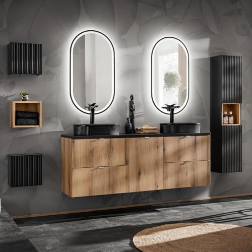 Lomadox Badezimmer Badmöbel Set 7-teilig, 160cm Doppelwaschtisch, in Eiche und schwarz, geringe Tiefe (40cm)