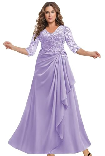 HYEC7 Ruffles Chiffon Prom Dress Mother of The Bride Dresses 3/4 Sleeve Formal Party Prom Gowns Wedding Guest Dress Lilac