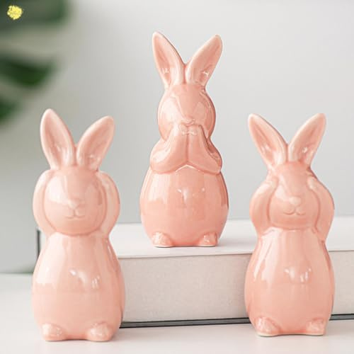 Nexoria Osterdeko Hase Deko, 3 Stück Osterhasen Figuren Osterhase für Osterdeko Aus Keramik Porzellan Hase Kaninchen Dekofigur Frühlingsdeko Osterdeko Tisch für Wohnzimmer Büro Party (Rosa)