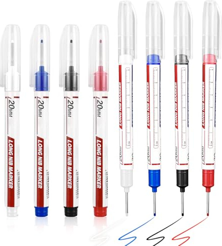 8 Piezas Marcador Agujeros Profundos, 20mm Marcador Metal, Rotuladores de Agujeros Profundos Punta Extralarga Precisión, Rotulador Carpintero para Metal Madera Cartón(Negro Azul Rojo Blanco)