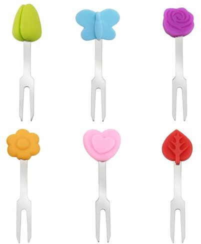 HAFRILY Fruktgafflar av rostfritt stål originalitet Food Picks mini återanvändbar piekser med silikonhandtag för fest, hem, restaurangplektrum gafflar (6 stycken)