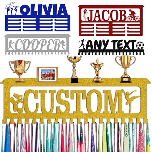 Personalisierter Medaillenhalter mit Namen Logo, individueller Aufhänger für Auszeichnung bänder, Wandgymnastikläufer, Jungen, Mädchen, Kinder, personalisiertes Geschenk, Metallmedaillenständer