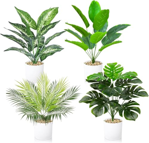 Lighterday Lot de 4 pots de plantes artificielles en pot de 40 cm - Vert - Faux plantes artificielles comme de vraies plantes décoratives en plastique pour salon, chambre à coucher, salle de bain
