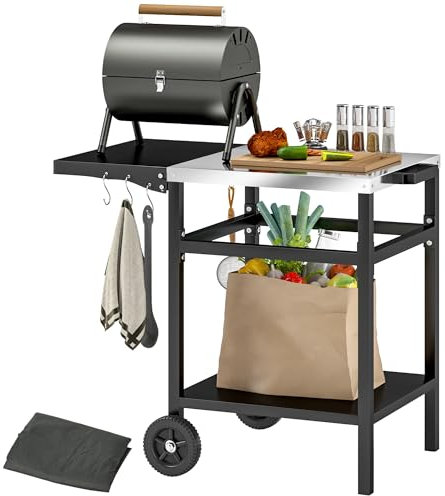 Outsunny BBQ Trolley with Stainless Steel Top and Foldable Side Table, Outdoor Kitchen Barbecue Station with Hooks and Shelf, Pizza Oven Table Movable Outdoor Grill Dining Cart with Cover, Black