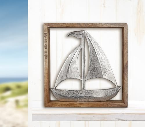 GILDE Deko Segelboot - maritime Geschenke Wand Deko Segelschiff – Boot Deko Bad Gäste-WC – Segler Geschenke für Bootsführerschein – Dekobild zum Aufhängen Holzrahmen 20 x 20 cm