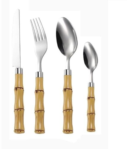 Ensemble de couverts de cuisine en acier inoxydable avec manche en bambou, couverts de table, couverts for la maison, les restaurants, les banquets, les couteaux à steak, les fourchettes, les cuillère