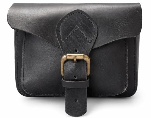 american blue Sacoche de moto vintage en cuir de chèvre véritable, avec fermeture à boucle à 2 sangles, sac à outils marron à dégagement rapide, renforcé, pour guidon, fourche (poche latérale)