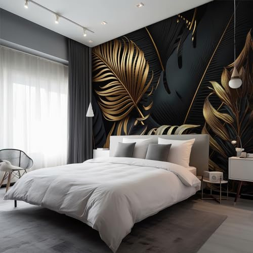Black and Gold Mural Wallpaper, Monstera Palm Leaf Wallpaper for Bedroom, Living Room, TV Backdrop, Office, Hotel Wall Background Decoration Non-Woven Wall Paper 200 X 140 cm (WxH) iT139