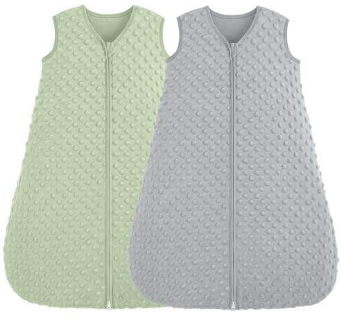 FIEMOL Baby Sleeping Bag 0-6 Months 1.5 TOG Newborn Sleeping Bag with Plush Dots, Soft Baby Sleep Sack Cotton 2-Way Zipper, Baby Wearable Blanket Green&Grey 2 Pack