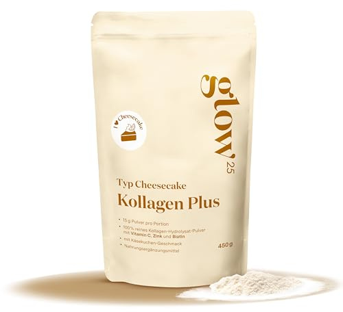 Glow25® Kollagen Plus Käsekuchen [450g] - Collagen Hydrolysat mit Vitamin C, Zink und Biotin - Peptide Typ 1 und 3 - Gute Löslichkeit