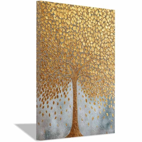 WUFIEA Albero Della Vita Quadri Albero Foglia Oro Decorazione Murale Camera da letto Soggiorno Quadro(Colore champagne)-60x90cm Incorniciato