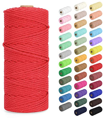 Makramee Garn 3mm x 100m, Baumwollkordel Farbig Baumwollgarn Geflochten Baumwollseil, Natürliche Baumwollschnur für Makramee Wandbehang, Blumenampel, Vorhang und Mehr DIY Deco, Rot