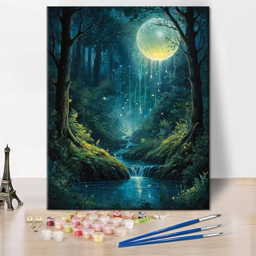 TISHIRON Clair de Lune Peinture par Numéros Adultes Forêt Enchantée Peinture par Numéro Kits sur Toile Paysage Fantaisie Peinture à l'huile Dessin pour la Décoration Murale à la Maison 40x50cm (sans