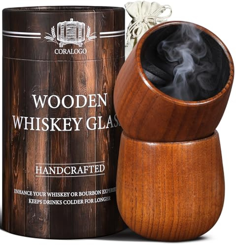 Coralago Wooden Bourbon Glasses Set of 2 - Charred Whiskey Cup Handcrafted Wooden Whiskey Gift for Men Dad Husband with Designed Gift Box - Birthday Christmas Retirement