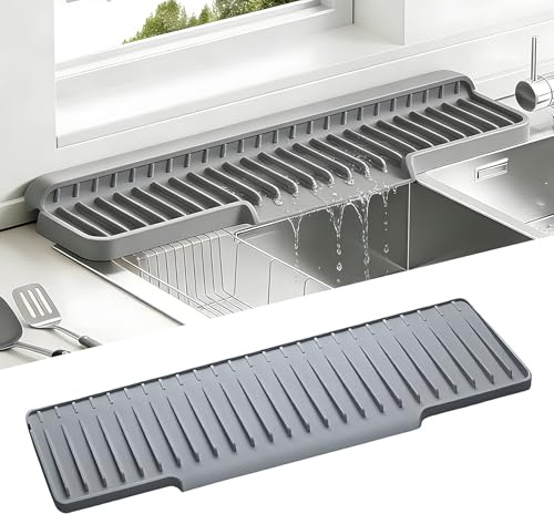 Volminex Silikon Wasserhahn Matte, Abtropfmatte Spritzschutz für Spüle | Klappbare Wasserhahnmatte, Schmale Spülbecken Matte Organizer, Arbeitsplatte Schützen für Küchespüle, Grau, 45×15cm