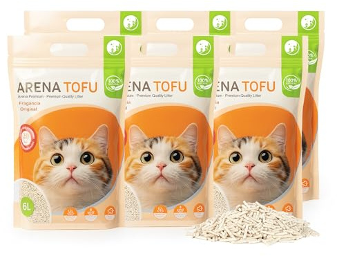 BESCH Pack 6 Arena de Tofu Aglomerante para Gatos 6L– 100% Natural, Biodegradable, Control de Olores y Bajo Polvo