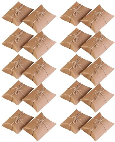 VICASKY 150 Pezzi Scatole per Cuscini in Carta Kraft 150 Pezzi con Spago di Iuta Scatole Regalo Piccole per Caramelle e Dolcetti Natalizi Confezioni Bomboniere Matrimonio e Feste per