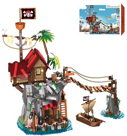 Mocbuiie Piratenbucht Kliffhütte Mittelalter Klemmbausteine Haus | 1044 Teile Cliffside Broken Mast Cabin Bausatz, Modular Building für Erwachsene