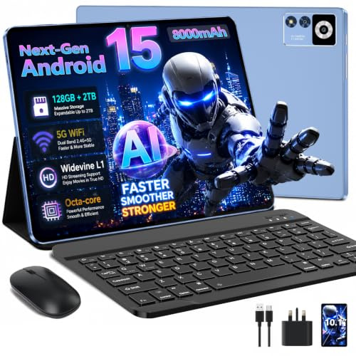 Android 15 Tablet 10 Inch, Gemini AI, 30GB RAM+128GB ROM (TF 2TB), 5G WiFi Tablets,Widevine L1 | 8000mAh | Octa-Core | 2.0GHz | 5G WiFi | BT 5.0 | 5+8MP, 2-in-1 Tablet with Keyboard and Mouse - Blue