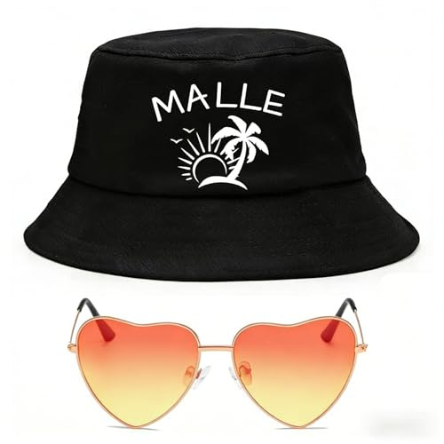 PIujsym 2 Stück Mallorca Party Outfit Set, Fischerhut Lustig Schwarz mit Malle Aufdruck & Herz Brille, Mallorca Accessoires für Ballermann, Malle Outfit Damen & Herren für JGA Festival Urlaub